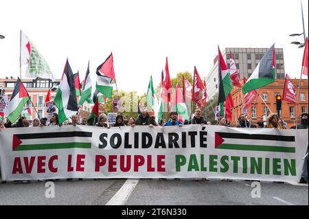 Toulouse, Frankreich. November 2023. Demonstranten mit Fahnen hinter der Fahne, Solidarität mit dem palästinensischen Volk. Demonstration für den Frieden in Gaza, gegen die Massaker und Aufruf zu einem sofortigen Waffenstillstand. Verschiedene Gewerkschaften, darunter CGT, F.S.U le NPA und verschiedene palästinensische Kollektive, darunter Collectif Palestine Vaincra. Frankreich, Toulouse 11. November 2023. Foto: Patricia Huchot-Boissier/ABACAPRESS. Quelle: Abaca Press/Alamy Live News Stockfoto