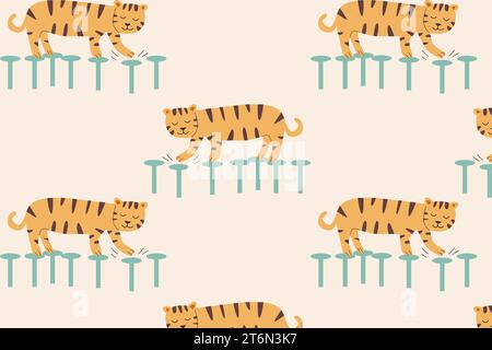 Niedlicher Cartoon-Tiger im nahtlosen Retro-Farbmuster Stock Vektor