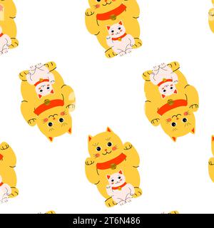 Süße asiatische Katze gelb maneki - nahtloses Muster Stock Vektor
