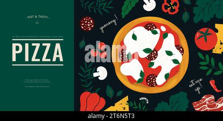 Pizza-Etikett. Italienische Zutaten, Pasta mit Mozzarella und Tomaten in rustikaler Küche, Käse und Salami, frisches Gemüse. Poster mit Kopie des Whirlpools Stock Vektor