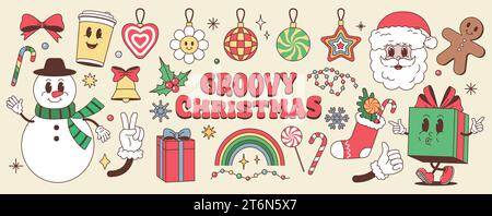 Retro-Weihnachtsaufkleber. Weihnachtsmann und Schneemann, grooviger lustiger Baum und Geschenkschachtel, Vintage-Claus-Charakter mit Weihnachtsgeschenken. Isoliertes Dekor für winterliche Ho Stock Vektor