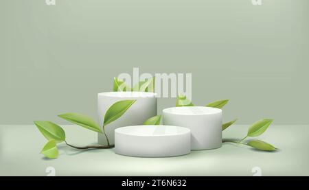 3D-Produktpodium. Leere Bühnen, Display oder Plattform für umweltfreundliche Naturprodukte, Sockel- oder Standputz, minimales Modell mit Pflanzen. Showcase und Gree Stock Vektor