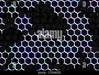 Ein fesselndes abstraktes Design mit einem sechseckigen Muster mit weißen Unterteilungen und Zellen gefüllt mit kühlen Farben und einer dunklen Metallic-Oberfläche Stockfoto