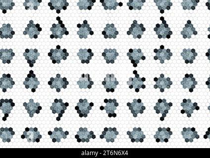 Bild mit weißem sechseckigem Hintergrund und unregelmäßigem Zellenmuster in Grau und Schwarz mit Textur und dünnem Rand. Stockfoto