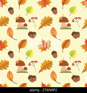 Nahtloses Herbstmuster mit fallenden Ahornblättern, Eichenbirke, vogelbeeren, Speisepilzen, Eicheln. Stock Vektor