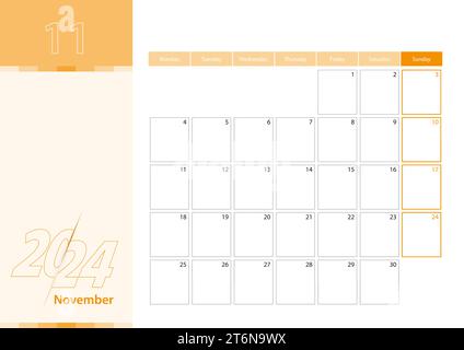 Horizontaler Planer für November 2024 im Farbschema Orange. Die Woche beginnt am Montag. Ein Wandkalender im minimalistischen Stil. Vektorkalender 202 Stock Vektor