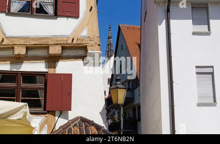 Malerischer Blick auf die Ulmer Stadt mit ihrem gotischen Ulmer Münster und modernen und antiken Fachwerkhäusern an einem schönen Frühlingstag (Ulm) Stockfoto