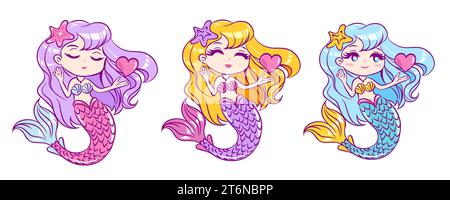 Set aus niedlichen Meerjungfrauen mit Herzmotiv auf weißem Hintergrund. Vektorabbildung. Stock Vektor