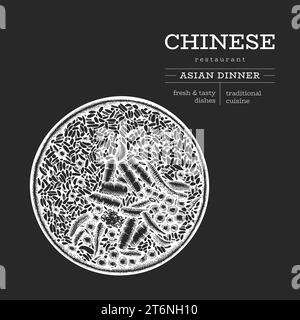 Chinesische Schüssel Kreidetafel Illustration. Vektor Hand Gezeichnet Isolierte Dim Sum Set In Bambus Steamer. Illustration Asiatischer Teigtaschen Im Vintage-Stil. Stock Vektor