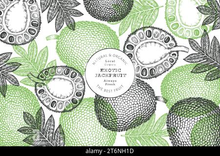 Handgezeichnete Skizze Stil Jackfruit Banner. Organic frisches Obst Vektor-Illustration. Retro Brotfrucht Design Vorlage Stock Vektor