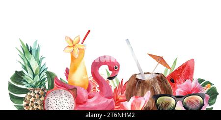 Helle saftige Illustration zum Thema tropische Pflanzen und Strandurlaub. ?Horizontal Composition.Aquarellzeichnung von Hand auf weißem Hintergrund. Stockfoto