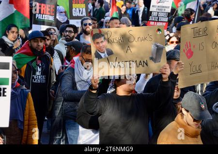 rishi Sunak ist ein Müllmann; Szenen aus der Massendemonstration gegen den Krieg pro Waffenstillstand in Zentral-london, die einen Waffenstillstand in palästina, israel, gaza, 11. november 2023 forderte Stockfoto