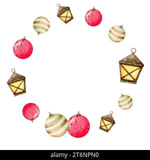 Weihnachtskugeln und glühender Laternenkranz. Handgezeichnete Aquarellillustration. Winterferien Design für Grußkarten, Einladungen. Neujahrsausdruck Stockfoto