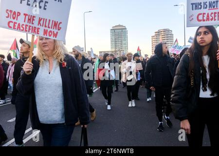 Vauxhall Bridge, London, Großbritannien. November 2023. Der Marsch nach Palästina durch das Zentrum Londons an der Vauxhall Bridge. Quelle: Matthew Chattle/Alamy Live News Stockfoto