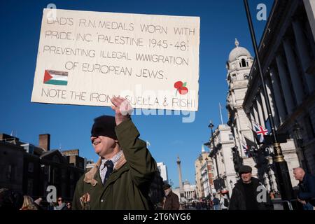 Ein Mann steht mit einem pro-palästinensischen Plakat in Whitehall, während ein marsch durch das Zentrum Londons führt, was kontrovers mit dem jährlichen Waffenstillstandstag am 11. November 2023 zusammenfiel. Inmitten von Spannungen zwischen den widerspendenden Gemeinschaften und am Tag der nationalen Trauer um die Kriegstoten Großbritanniens, der Polizeikommissar Sir Mark Rowley hat sich mit Innenministerin Suella Braverman und Premierminister Rishi Sunak zusammengefunden, die sich gefragt haben, ob der marsch gegen die israelischen Angriffe auf Gaza wegen möglicher öffentlicher Unruhen fortgesetzt werden sollte. 300.000 000 nahmen den vereinbarten Weg der Demonstranten, fr Stockfoto