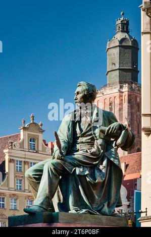 Das Denkmal des Schriftstellers Graf Aleksander Fredro aus dem 19. Jahrhundert zog nach dem 2. Weltkrieg von Lemberg nach Wrocław, auf dem Rynek (Marktplatz) in Wrocław, Niederschlesien, Polen Stockfoto