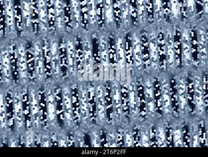 Lichtpunkte und gedämpfte Schatten auf blauen und grauen Sechsecken unterschiedlicher Größe mit einfarbiger Farbe ohne Textur. Stockfoto