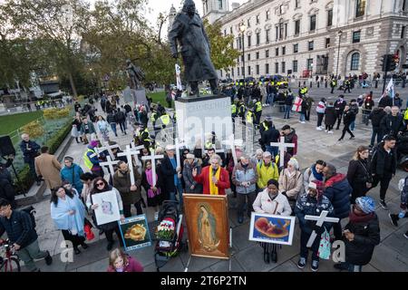 London, Großbritannien. 11. November 2023. Ein Anti-Abtreibung-Protest findet an der Statue von Winston Churchill in Westminster am Tag des Waffenstillstands statt. Die Befürchtungen, dass das Cenotaph von Menschen angegriffen werden würde, die am Marsch für Palästina vom Hyde Park zur US-Botschaft in Vauxhall teilnehmen würden, führten zu einer erheblichen Polizeipräsenz in der unmittelbaren Umgebung. Quelle: Stephen Chung / Alamy Live News Stockfoto