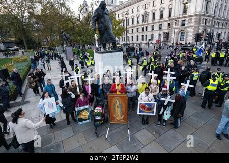 London, Großbritannien. 11. November 2023. Ein Anti-Abtreibung-Protest findet an der Statue von Winston Churchill in Westminster am Tag des Waffenstillstands statt. Die Befürchtungen, dass das Cenotaph von Menschen angegriffen werden würde, die am Marsch für Palästina vom Hyde Park zur US-Botschaft in Vauxhall teilnehmen würden, führten zu einer erheblichen Polizeipräsenz in der unmittelbaren Umgebung. Quelle: Stephen Chung / Alamy Live News Stockfoto