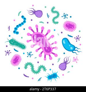 Verschiedene Bakterien, pathogene Mikroorganismen im Kreis. Bakterien und Keime, Mikroorganismen krankheitserregend, Bakterien, Bakterien, Viren, Pilze, Profi Stock Vektor