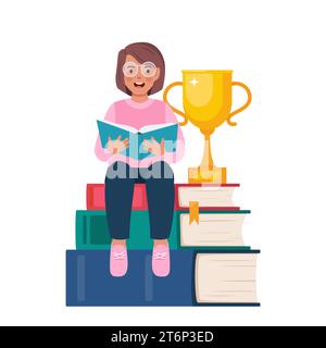 Stapel Bücher mit goldener Trophäe. Lesen, Literatur, Enzyklopädie. Mädchen, das auf dem Stapel Bücher sitzt und Buch liest. Geniales Kind. Wissen, Stock Vektor