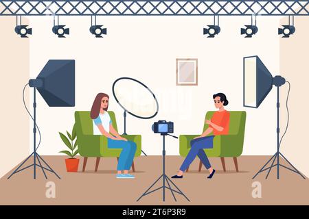 Shooting Interview im professionellen Studio. Softbox-Leuchte, Kamera, Spotlight. Professionelle Ausrüstung für Videoaufnahmen. Zwei Leute, die sich unterhalten Stock Vektor