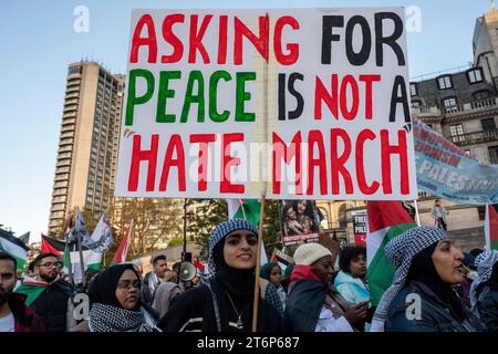 Eine junge Frau hält ein Banner: "Um Frieden zu bitten, ist kein hassmarsch." marschiert gegen den Krieg in Gaza. London. November 2023. Stockfoto