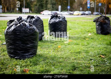 Stapel Müllsäcke zum Herausnehmen. Im Frühjahr und Herbst muss der Stadtpark sauber gemacht werden. Stockfoto