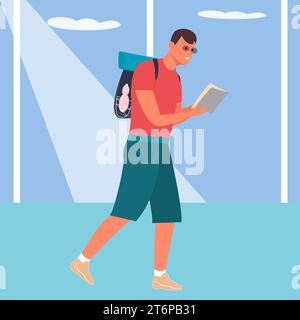 Ein Tourist mit Karte und Rucksack geht durch den Flughafen. Flacher Vektor. Business- und Freizeitkonzept Stock Vektor