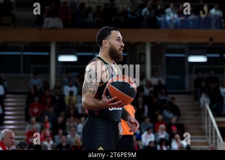 Der Monaco-Spieler #55 Mike James ist während des Monaco-Asvel, Tag 7 des Turkish Airlines Euroleague Basketball zu sehen. AS Monaco gewann Asvel 80-75 für den 7. Tag der Basketball Turkish Airlines Euroleague in Monaco. Stockfoto