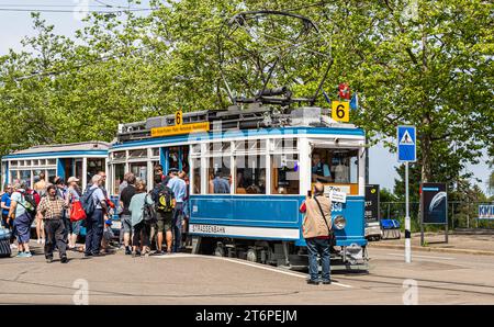 Das Zürcher Tram - Elefant im Jahr 1930 wurde das Tram StStZ CE 4/4 321 an die Städtische Strassenbahn Zürich abgeliefert. Es ist ein schwerer vierachsiger Motorwagen mit Mitteleinstieg und Quersitzen. Bekannt ist das Tram auch unter dem Namen Elefant. 1966 wurde das Tram ausrangiert. Seit 1975 steht es der VBZ als Museumstram zur Verfügung. Hier im Rahmen der Jubliäumsfeier zu 175 Jahre Eisenbahn in der Schweiz auf der Linie 6 zwischen Hauptbahnhof Zürich und Zoo Zürich. Zürich, Schweiz, 21.05.2022 *** die Züricher Elefant-Straßenbahn 1930 wurde die StStZ CE 4 4 321 an die geliefert Stockfoto