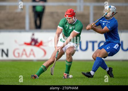 Irland gegen Schottland Shinty / Hurling International, gespielt bei Pairc Esler, Newry. Stockfoto