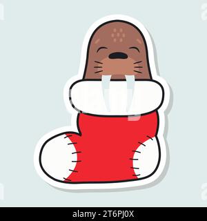 Niedlicher Walrosser schläft in einem Weihnachtsstrumpf. Zeichentrickaufkleber. Wintertier. Vektorabbildung Stock Vektor