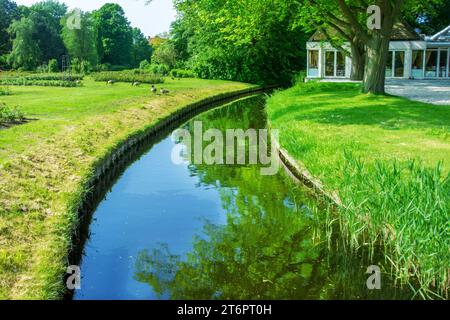 Idyllische Parklandschaft mit Kanälen und Gänsen, die das Gras auf dem Clingendael Estate in den Haag pflücken. Teil eines Pavillons Stockfoto