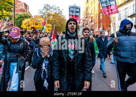 London, Großbritannien. November 2023. Hunderttausende Demonstranten marschieren durch die Londoner Innenstadt, um die Bevölkerung von Gaza zu unterstützen. Quelle: Grant Rooney/Alamy Live News Stockfoto