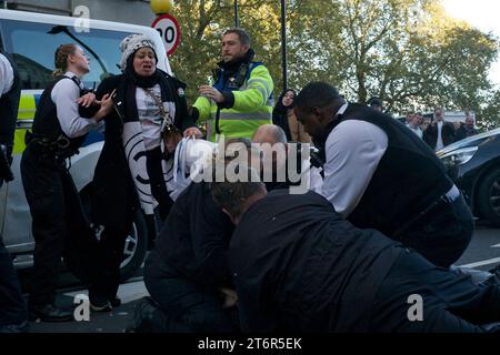 Festnahmen bei einem freien palästinensermarsch durch London. Der marsch begann im Hyde Park und endete in der US-Botschaft. Stockfoto