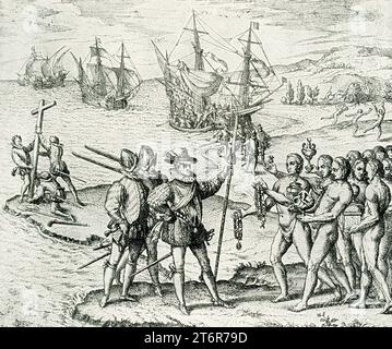 Diese Illustration der Landung von Columbus stammt aus dem 1590 in Frankfurt am Main erschienenen Americae Partes. Es zeigt Christoph Columbus und seine Crew an einem Strand in den Westindischen Inseln, der am 12. Oktober 1492 von seinem Flaggschiff Santa Maria neu gelandet ist. Die Landung der Insel war der erste Landfall ihrer Expedition, der eine westliche Route von Europa nach China, Japan und vielleicht unbekanntem Land fand. Stockfoto