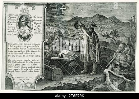 Diese Illustration zeigt Amerigo Vespucci, wie er das Südliche Kreuz am Himmel mit einem Astrolabium beobachtet. Unter ihm befindet sich ein Tisch mit seinen Werkzeugen und Kerzen, die Licht geben, damit er seine Arbeit sehen kann. Am linken und rechten Rand der Szene schlafen Männer mit den Händen, die ihr Gesicht bedecken. Es handelt sich um eine Kopie des Originals von Stradanus (1523–1605). Johannes Stradanus, Jan van der Straet oder Giovanni Stradano war ein flämischer Künstler, der hauptsächlich im italienischen Florenz des 16. Jahrhunderts tätig war. Er war ein großes Talent, das als Staffelei- und Freskenmaler und Tapest-Designer arbeitete Stockfoto