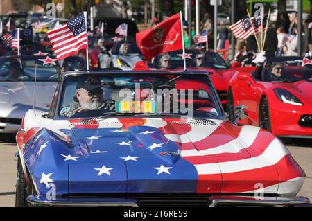 Veteranen winken den Umstehenden von einer Corvette, die als amerikanische Flagge gemalt ist, während der Veterans Day Parade am Veterans Day in St. Louis am Samstag, 11. November 2023. Foto: Bill Greenblatt/UPI Stockfoto