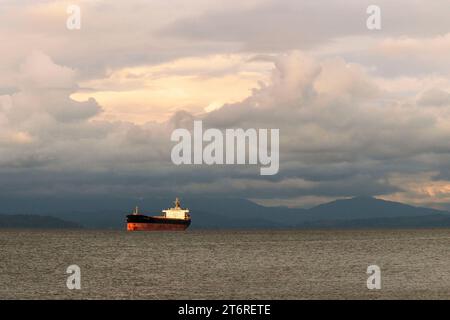 Ein großes Schiff, Martine, schwimmt im Columbia River bei Astoria, Oregon unter einem dramatisch bewölkten Himmel. Stockfoto