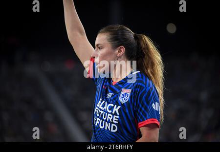 San Diego, Vereinigte Staaten, 11. November 2023: Sofia Huerta (11. OL Reign) während der National Women’s Soccer League Championship zwischen OL Reign und Gotham FC im Snapdragon Stadium in San Diego, CA USA (NUR REDAKTIONELLE VERWENDUNG). (Rebekah Wynkoop/SPP) Stockfoto