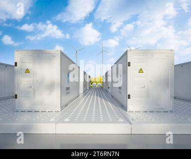 3D-Rendering-Menge von Energiespeichersystemen oder Batteriebehältereinheiten mit Turbinenbetrieb Stockfoto