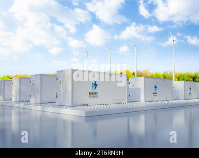 3D-Rendering-Menge von Energiespeichersystemen oder Batteriebehältereinheiten mit Turbinenbetrieb Stockfoto