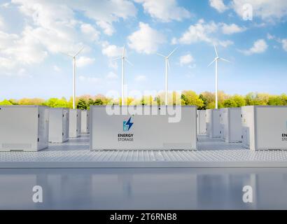 3D-Rendering-Menge von Energiespeichersystemen oder Batteriebehältereinheiten mit Turbinenbetrieb Stockfoto