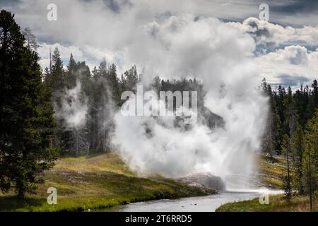 WY05792-00...WYOMING - Eruption des Riverside Geyser am Rande des Firehole River im Upper Geyser Basin des Yellowstone National Park. Stockfoto