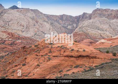 Versteinerte Sanddünen bildeten navajo-Sandstein in dieser malerischen Landschaft des Wüstenreservats mit roten Klippen im Snow Canyon State Park, St george, utah, usa Stockfoto