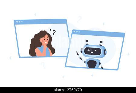 Chatbot-Konzept. Frau, die mit dem Roboter spricht. KI-Assistent. Mädchen, das Fragen stellt und Antworten erhält. Online-Kundensupport. Künstliche Intelligenz Stock Vektor
