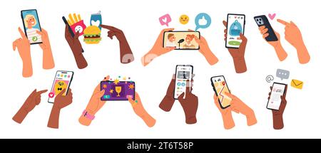Cartoon-Hände halten Mobiltelefone. Menschliche Waffen mit Smartphones. Verschiedene Apps verwenden. Speisebestellung. Spiele spielen. Podcasts und Musik hören. Messenger Stock Vektor