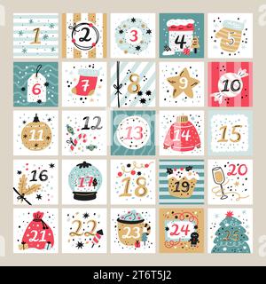 Adventskalender zu Weihnachten. Dezember-Feiertagsbanner mit lustigen Zahlen. Dekoriertes Spielzeug. Kränze und Konfetti. Zu öffnende Geschenkzellen. Weihnachten wartet. Winter Stock Vektor