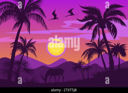 Dunkle Palmen Silhouetten. Afrikanische Landschaft bei Sonnenuntergang mit tropischen Pflanzen und Tieren. Abendhimmel. Violetter Sonnenuntergang. Wilde Naturlandschaft. Savannah Stock Vektor